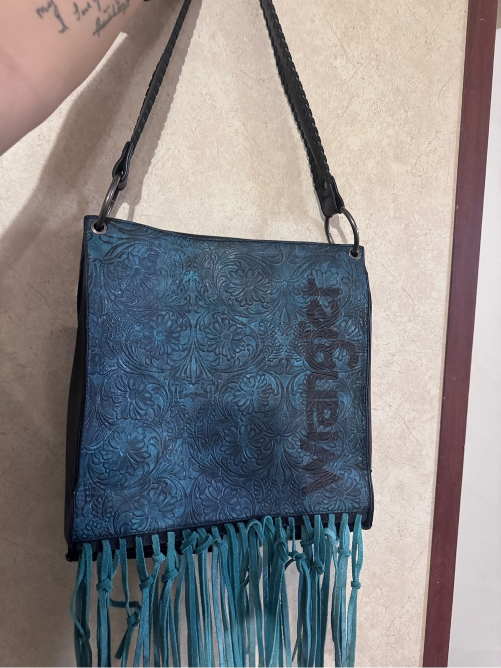 Wrangler Teal Tooled Floral Fringe Shoulder Bag